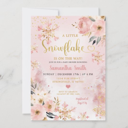 Invitation Noël rose Petit Flocon de neige Baby shower floral (Devant)
