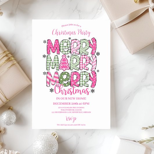 Invitation Noël rose vert fantaisiste