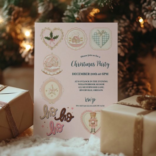 Invitation Noël Rose Vert Rétro