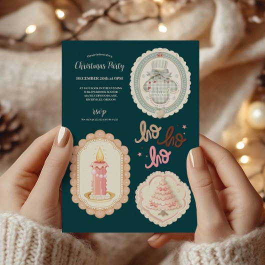 Invitation Noël Rose Vert Rétro