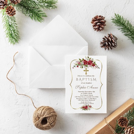 Invitation Noël Rouge Blanc Poinsettia Baptême