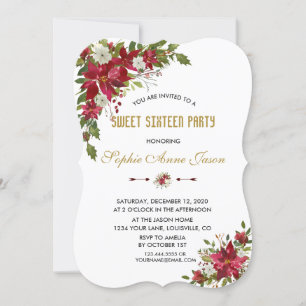 Invitation Noël Rouge Blanc Poinsettia Sweet sixteen