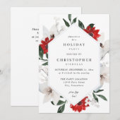 Invitation Noël rouge et blanc ou fête florale de vacances (Devant / Derrière)