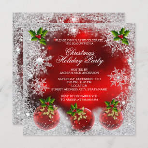 Invitation Noël Rouge Holly Bauble Fête Fête de neige