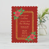 Invitation Noël Rouge Poinsettia Gold Frame Mariage (Debout devant)