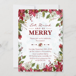 Invitation Noël Rouge Poinsettia Manger Boire et être Joyeux