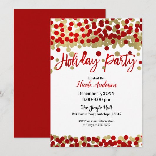 Invitation Noël Rouge & Points Dorés Fête Moderne des Fêtes (Devant / Derrière)