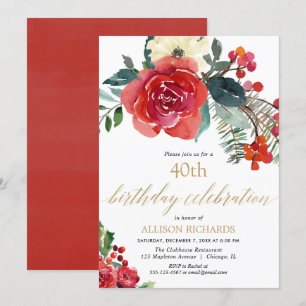 Invitation Noël rouge vert floral sainte baies anniversaire