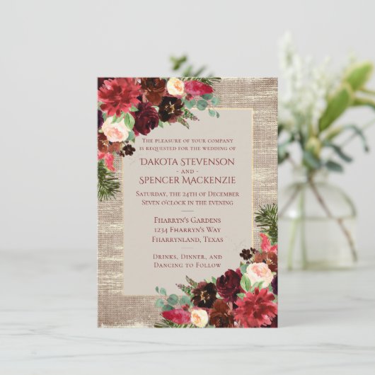 Invitation Noël Russe Boho Floral Bourgogne or Burlap (Debout devant)