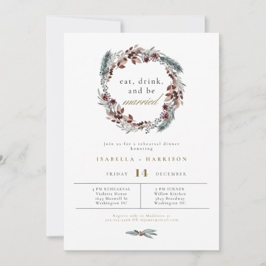 Invitation NOEL Rustic Winter Pine Dîner de répétition Mariag (Devant)