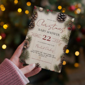 Invitation Noël rustique Bébé sur Bois Baies de Pin
