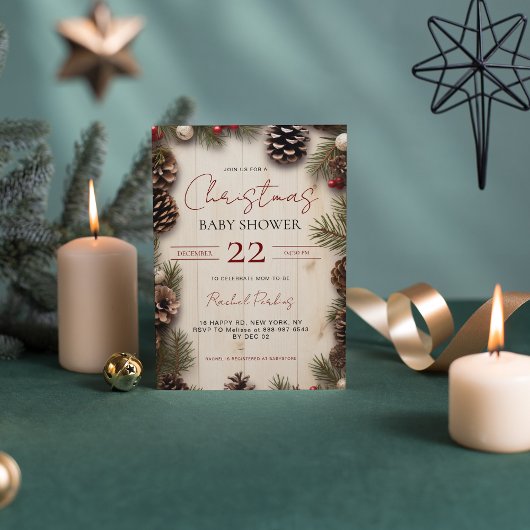 Invitation Noël rustique Bébé sur Bois Baies de Pin
