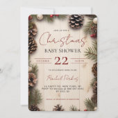 Invitation Noël rustique Bébé sur Bois Baies de Pin (Devant)
