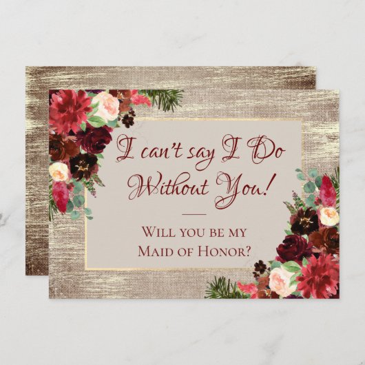 Invitation Noël Rustique Boho Bourgogne Gold Bride fête (Devant / Derrière)