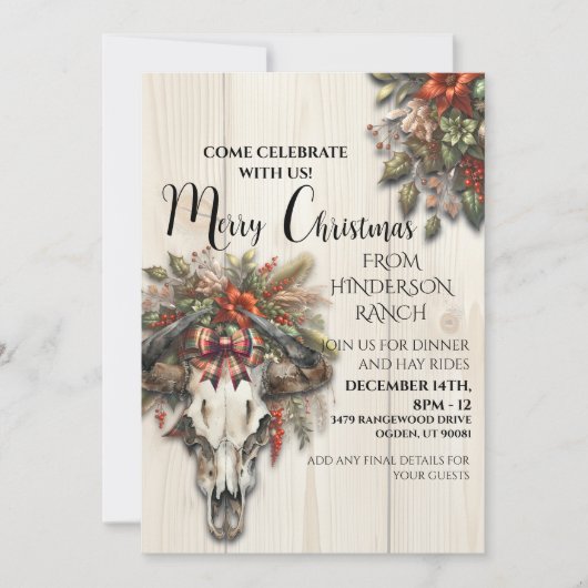 Invitation Noël Rustique De Ranch Avec Crâne De Vache (Devant)