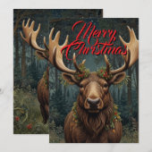 Invitation Noël rustique élan cerf boho forêt boisée (Devant / Derrière)