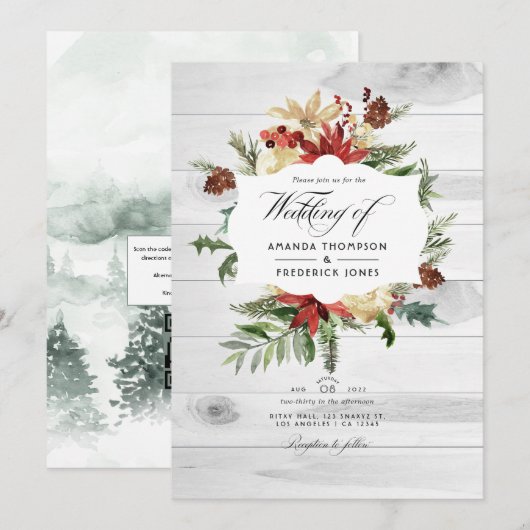 Invitation Noël Rustique en Bois d'Hiver Code QR Mariage (Devant / Derrière)