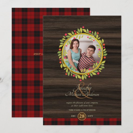 Invitation Noël rustique vintage PHOTO TOUT ÉVÉNEMENT BuffPla (Devant / Derrière)