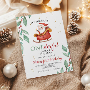 Invitation Noël Santa Traîneau Onederful Premier Anniversaire