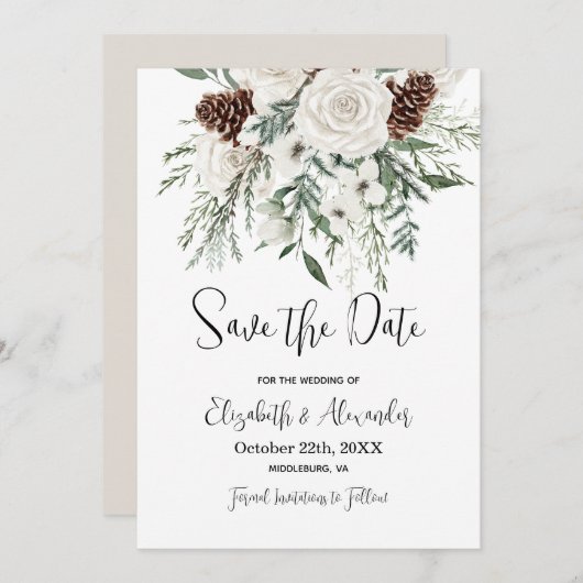 Invitation Noël Sauvez La Date Pine Floral Mariage d'hiver (Devant / Derrière)