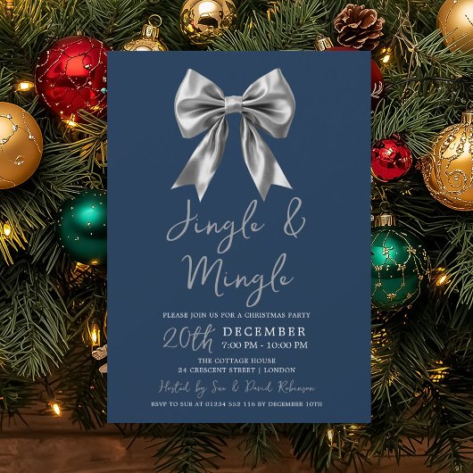Invitation Noël Silver Jingle Mingle Bow Party Marine