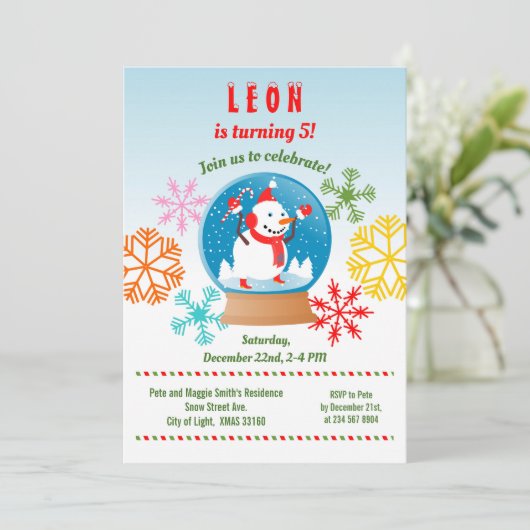 Invitation Noël Snowman globe and snowflics anniversaire (Debout devant)