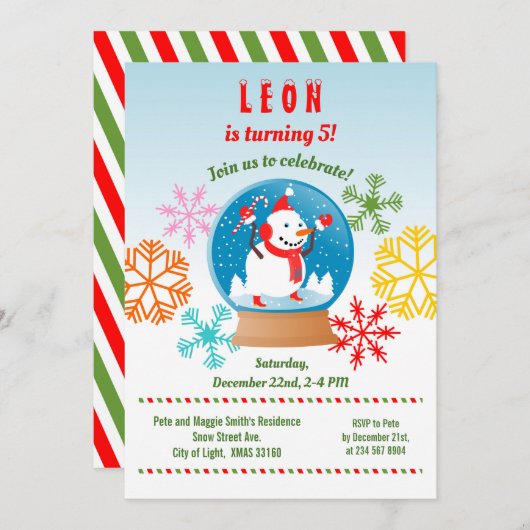 Invitation Noël Snowman globe and snowflics anniversaire (Devant / Derrière)