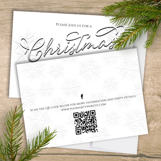 Invitation Noël Stylé Silver Snowflake Script QR Code