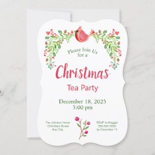 Invitation Noël Tea Party Cardinal Aquarelle