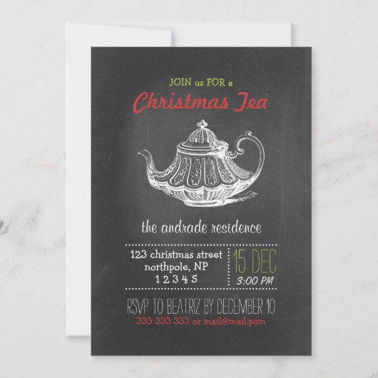 Invitation Noël Tea Party Vintage Chalkboard Teapot Rouge (Devant)