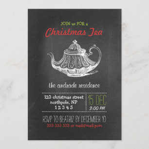 Invitation Noël Tea Party Vintage Chalkboard Teapot Rouge