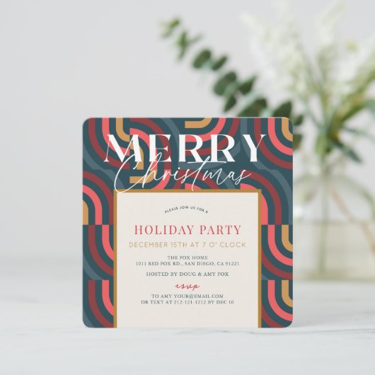 Invitation Noël Turquoise géométrique rétro-maximaliste (Debout devant)