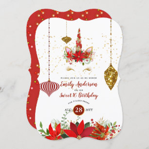Invitation Noël Unicorne Visage Anniversaire Rouge Gold Fun