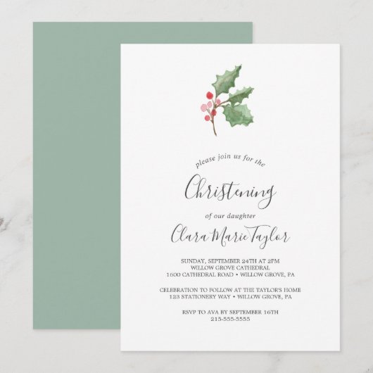 Invitation Noël Verdure & Red Berry Christening (Devant / Derrière)