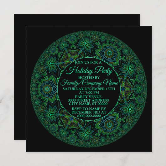 Invitation Noël Vert Mandala Fête Noir (Devant / Derrière)