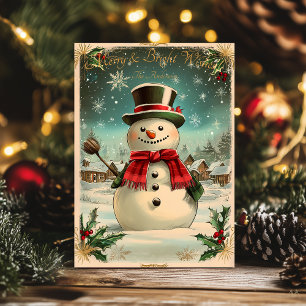 Invitation Noël Vintage avec Bonhomme de Neige et Village Fes