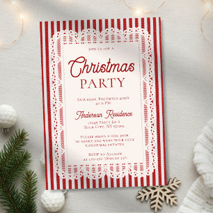 Invitation Noël Vintage Dentelle Rayures Rouges Rétro