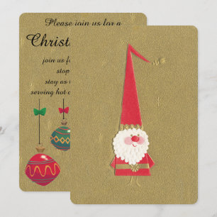 Invitation Noël vintage, Gnome Père Noël mignon sur fond doré