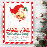 Invitation Noël Vintage Holly Jolly Père Noël<br><div class="desc">Cette invitation de Noël vintage du milieu du siècle présente le Père Noël avec les mots "Holly Jolly et prêt à faire la fête" avec une bordure et un support de sucre de canne rouge et blanc brillant. Customisez en ajoutant les détails de votre fête personnelle.</div>