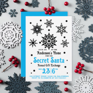 Invitation Noël Vintage Noir Blanc Bleu Santa Flocon de Neige