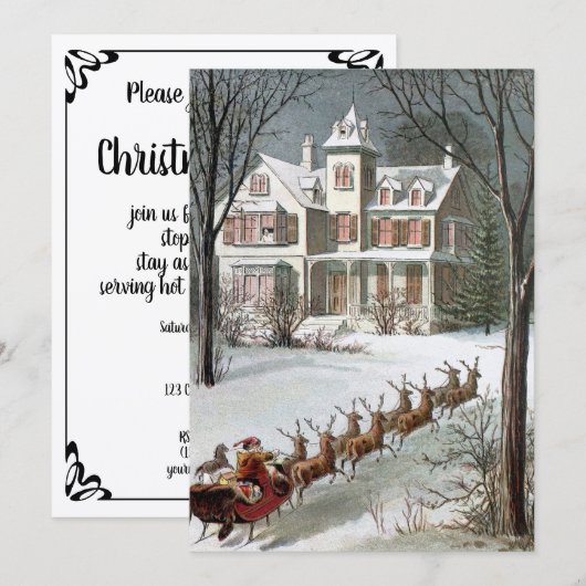 Invitation Noël vintage, Saint Nicolas avec rennes (Devant / Derrière)