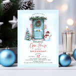 Invitation Noël Werath Holiday Open House Party Snowman<br><div class="desc">Elégante aquarelle Noël / Cartes d'invitation de Fête de Noël de Vacances. Terrain avec branches de pin,  houx,  cônes de pin,  bonhomme de neige,  arbre,  porte d'entrée de la maison,  baubles et arc. Modèles faciles à modifier. Parfait pour maison / maison / famille / amis / fêtes de voisinage.</div>