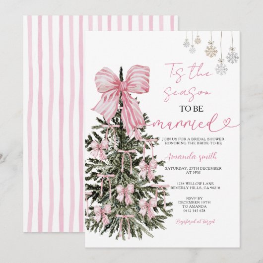 Invitation Nœud à rayures roses Arbre de Noël Couple Mariage (Devant / Derrière)