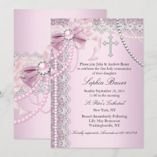 Invitation Nœud à ruban Perle Rose Croix Sainte Communion ou