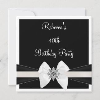 Invitation Nœud Bijou Noir Blanc 40ème Élégante Fête d'Annive