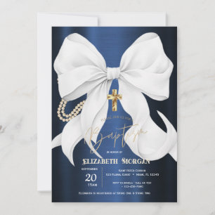 Invitation Nœud Blanc Élégant Perles Bleu Marine Métallisé