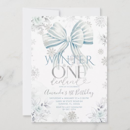 Invitation Nœud Bleu Argent Neige Hiver Onederland Anniversai (Devant)