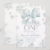 Invitation Nœud Bleu Argent Neige Hiver Onederland Anniversai (Devant / Derrière)