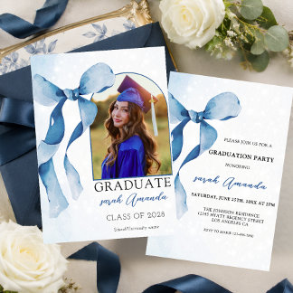 Invitation Nœud Bleu Élégant Photo Personnalisée Fête de Remi