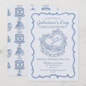 Invitation Nœud Bleu Rétro Cœur Coquette Cake Galentine (Devant / Derrière)